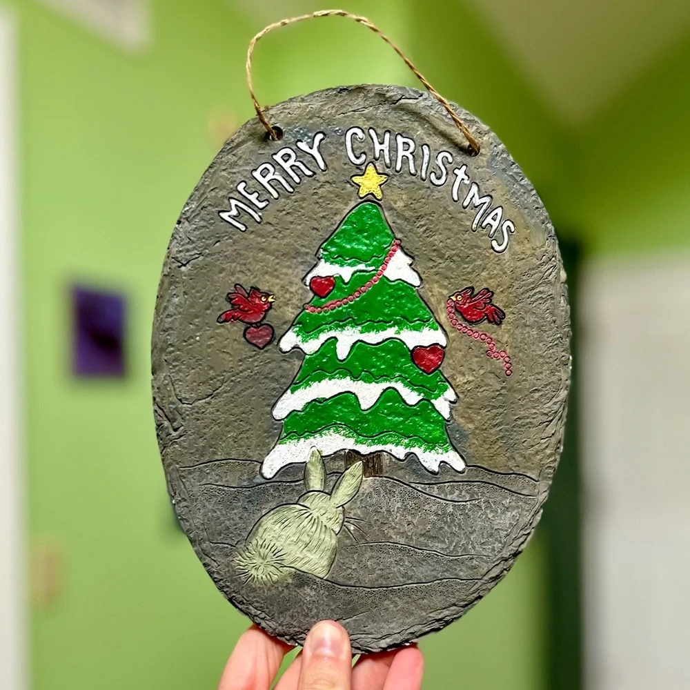 Charming Bunny Festive Christmas Holiday Stone Plaque Wall Hanging Art